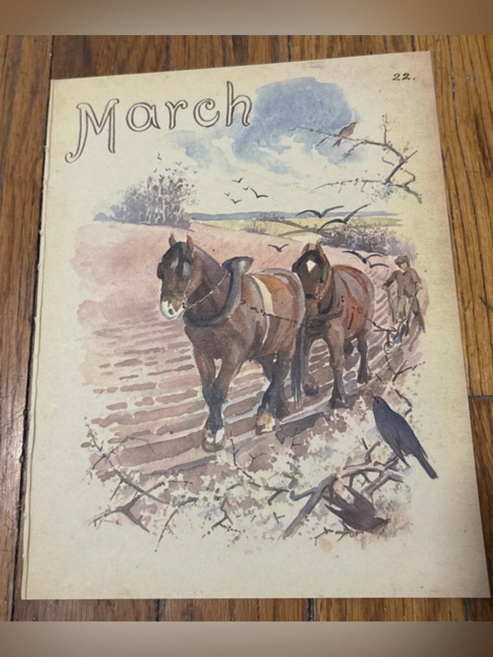 1977 Vintage March Print with Brown Horses and Blue Sky 9”x7”